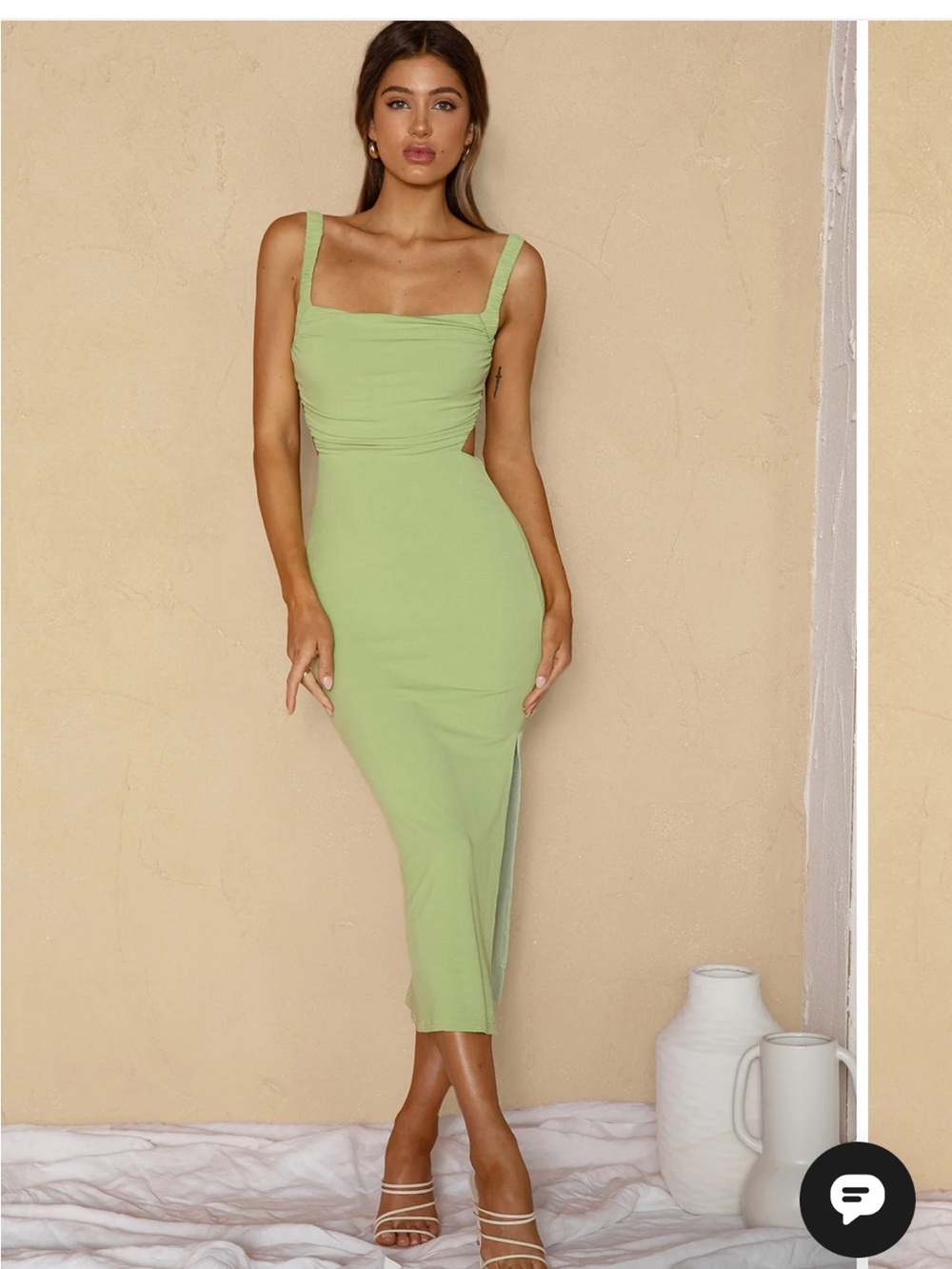 saints + secrets Strappy Back Midi Dress in Matcha Green